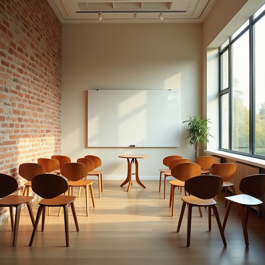 Sala de formación con pared de ladrillo visto y mesas dispuestas en círculo
