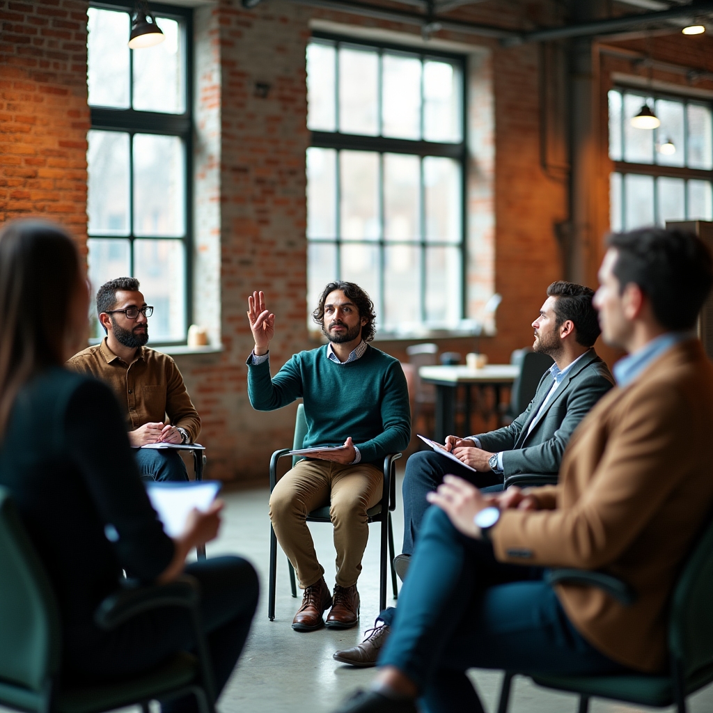 Sesión de taller grupal con profesionales trabajando sobre casos de decisión estratégica